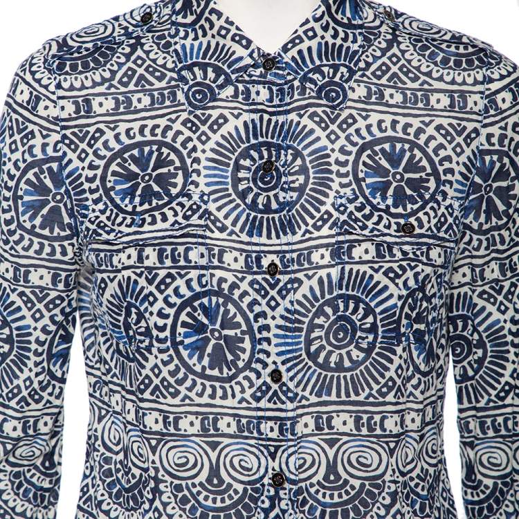 Pre Owned Tory Burch Blue & White Printed Cotton Buttoned Front Shirt M