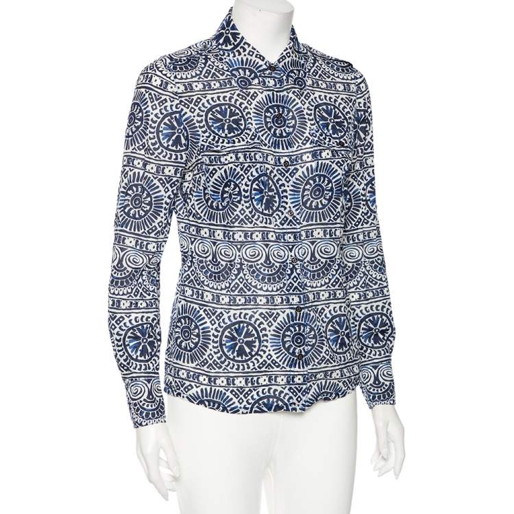 Pre Owned Tory Burch Blue & White Printed Cotton Buttoned Front Shirt M