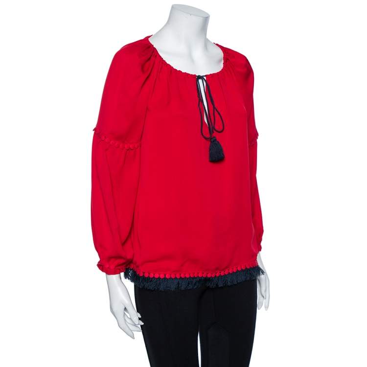 Pre Owned Tory Burch Red Crepe Silk Sylvie Tunic S