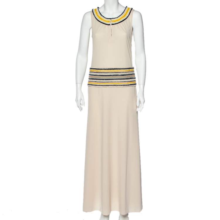 Pre Owned Tory Burch Cream Jersey Beaded Daria Sleeveless Dress S