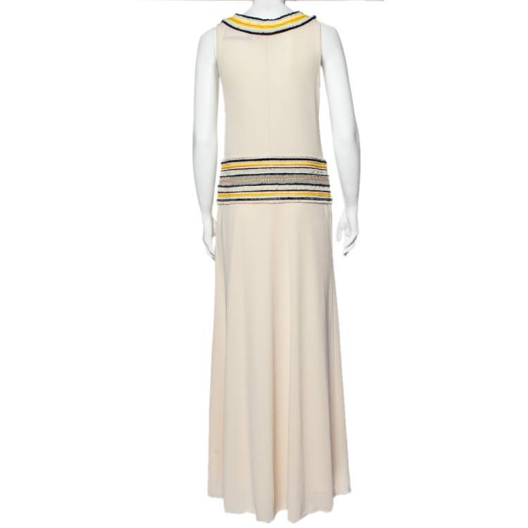 Pre Owned Tory Burch Cream Jersey Beaded Daria Sleeveless Dress S