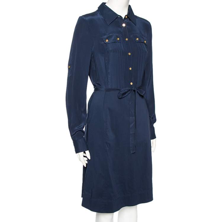 Tory Burch Navy Blue Cotton Emmanuelle Belted Shirt Dress M Tory