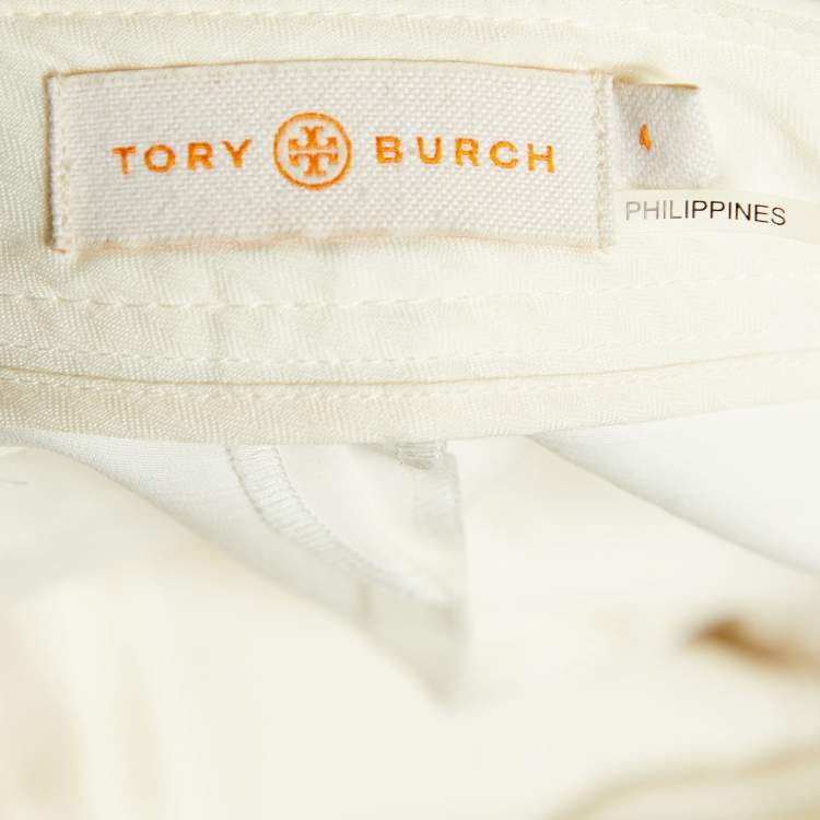 Pre Owned Tory Burch Ivory Stretch Cotton Vanner Fitted Trousers S/Waist - 31"
