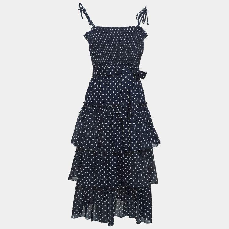 Pre Owned Tory Burch Navy Blue Polka-Dot Print Cotton Tiered Dress XS