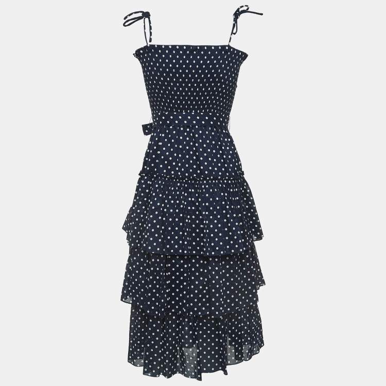 Pre Owned Tory Burch Navy Blue Polka-Dot Print Cotton Tiered Dress XS
