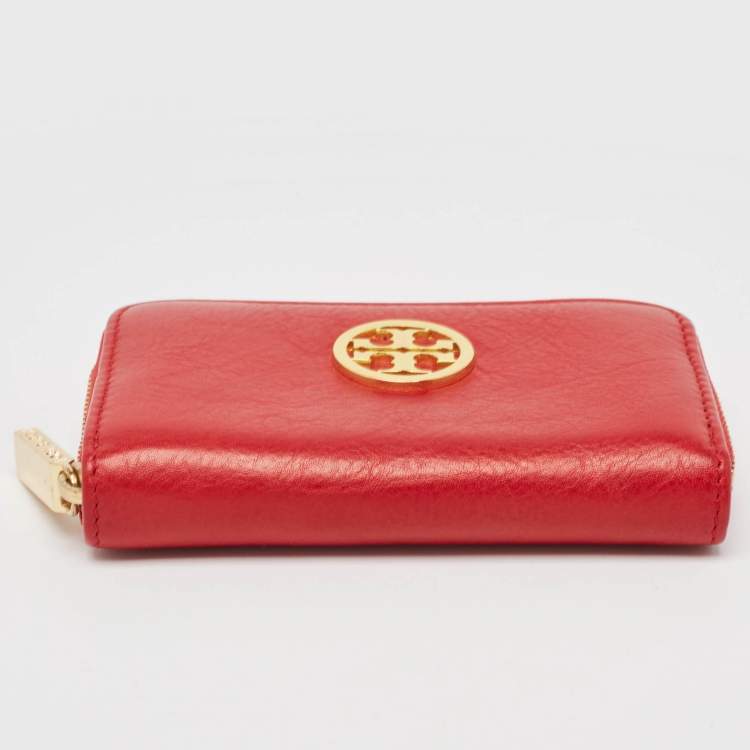 Pre Owned Tory Burch Red Leather Robinson Zip Around Coin Purse