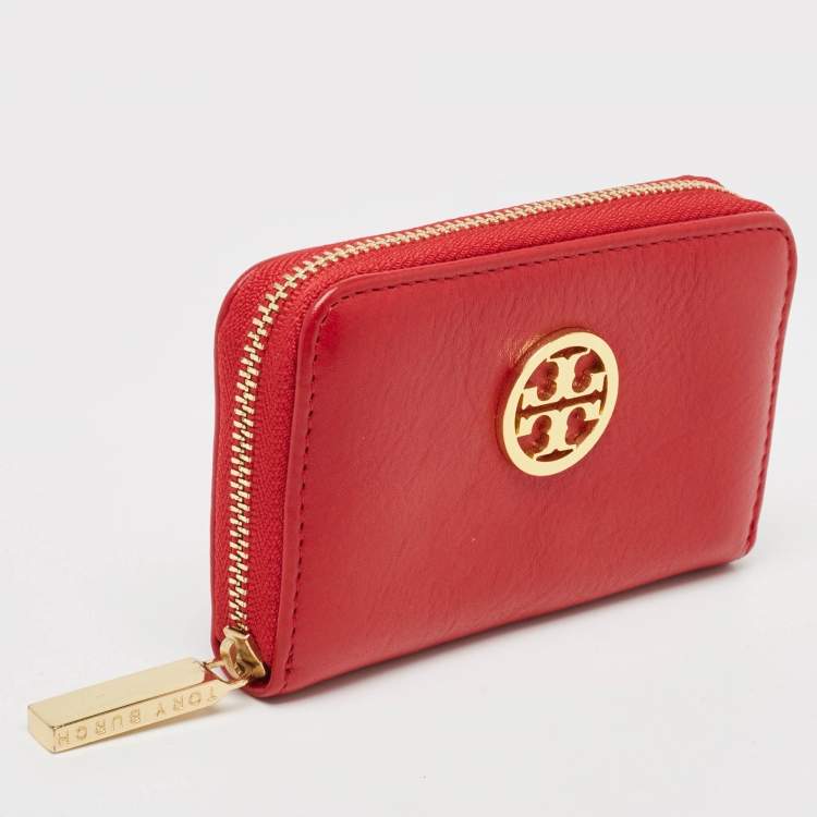 Pre Owned Tory Burch Red Leather Robinson Zip Around Coin Purse