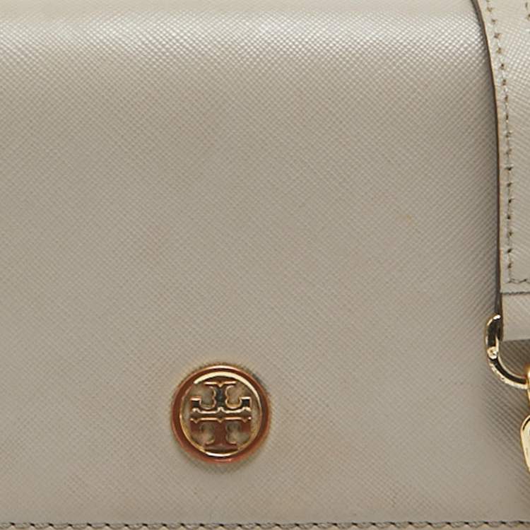 Pre Owned Tory Burch Light Grey Leather Robinson Wallet On Chain