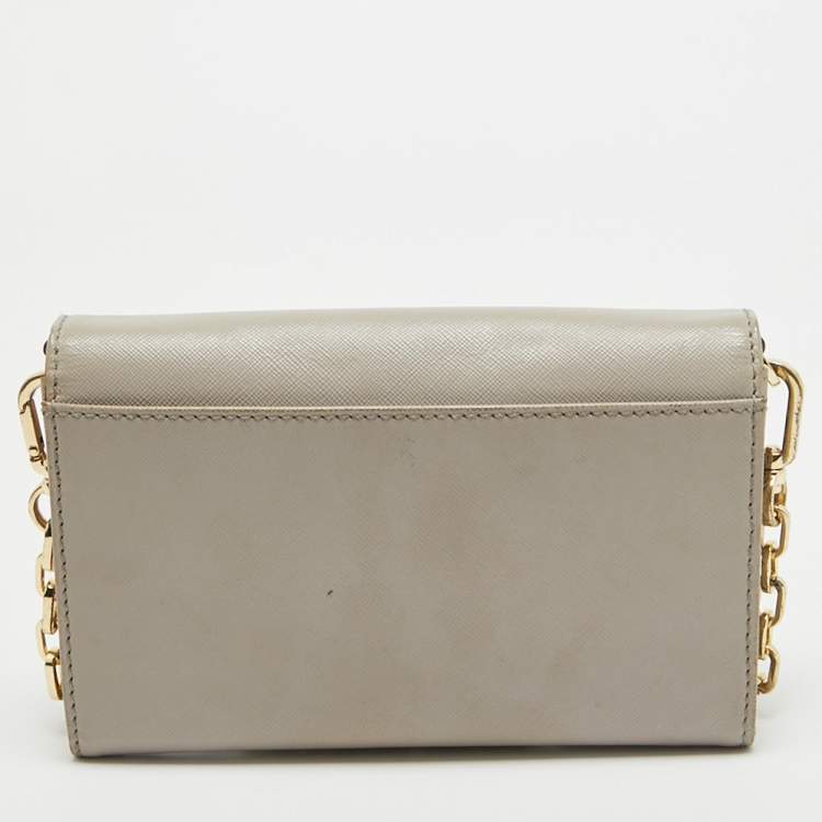 Pre Owned Tory Burch Light Grey Leather Robinson Wallet On Chain