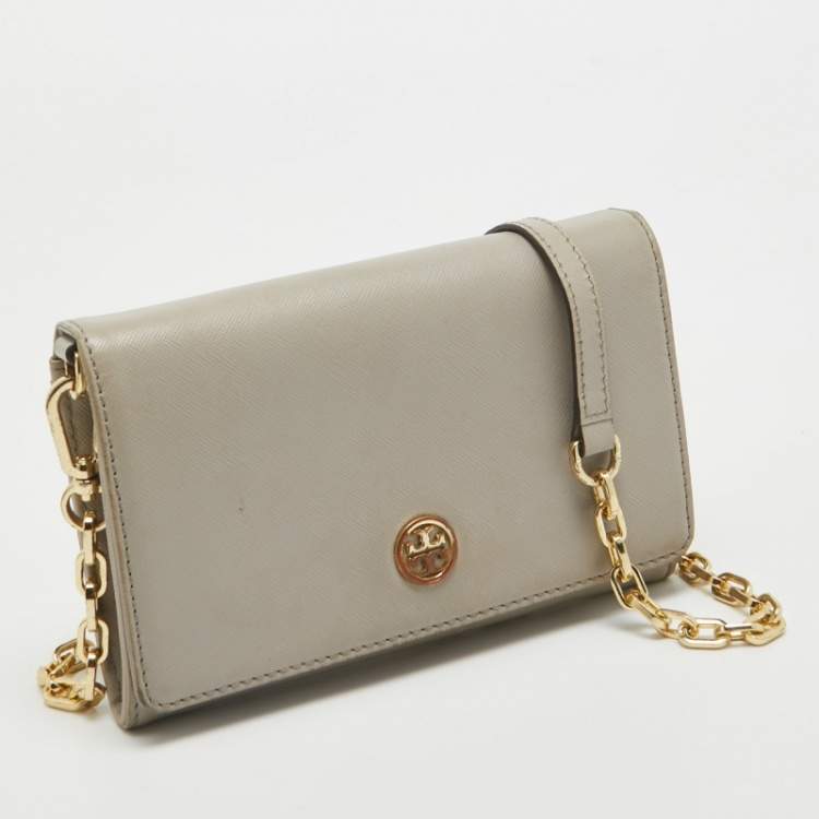 Pre Owned Tory Burch Light Grey Leather Robinson Wallet On Chain