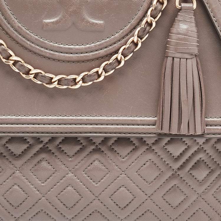 Pre Owned Tory Burch Grey Quilted Leather Fleming Shoulder Bag