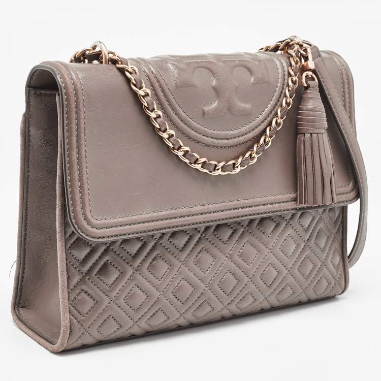Pre Owned Tory Burch Grey Quilted Leather Fleming Shoulder Bag