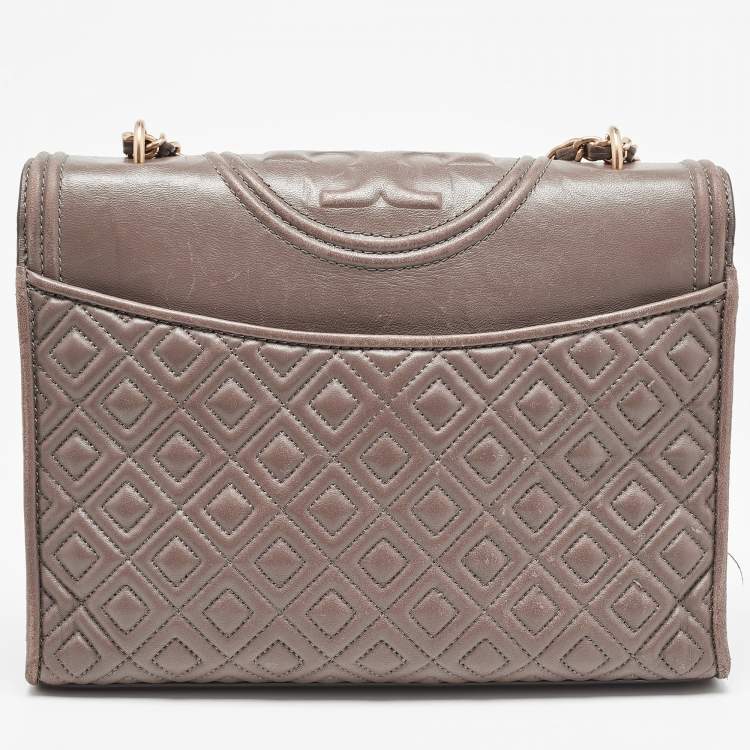 Pre Owned Tory Burch Grey Quilted Leather Fleming Shoulder Bag
