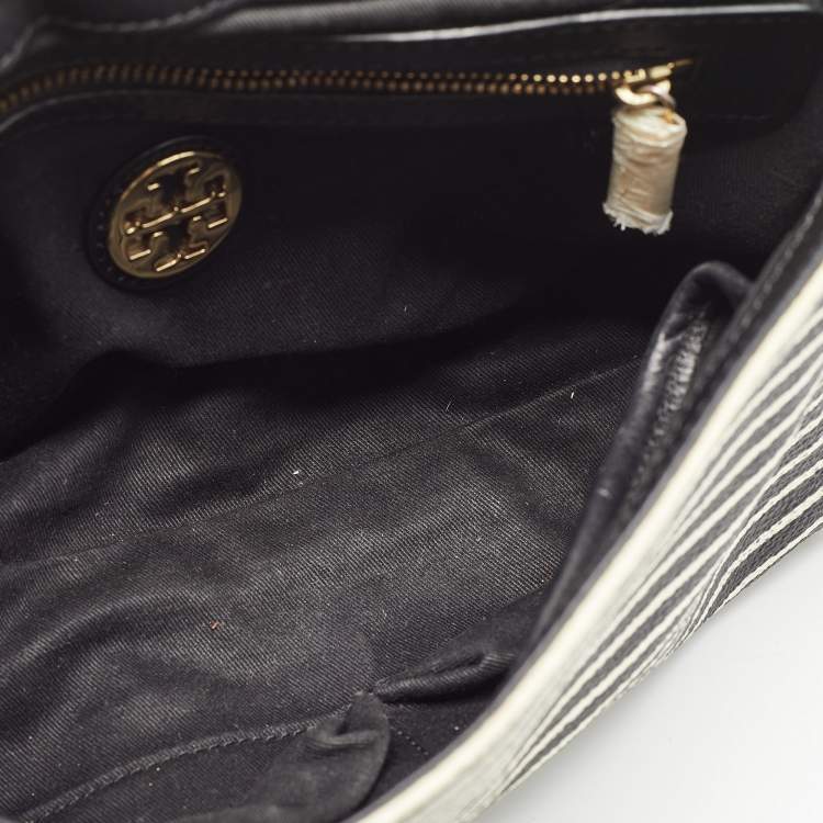 Pre Owned Tory Burch Black/White Stripe Leather Kerrington Crossbody Bag