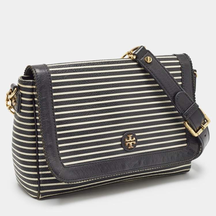 Pre Owned Tory Burch Black/White Stripe Leather Kerrington Crossbody Bag