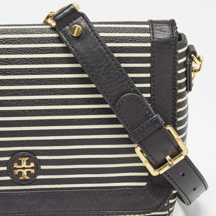 Pre Owned Tory Burch Black/White Stripe Leather Kerrington Crossbody Bag