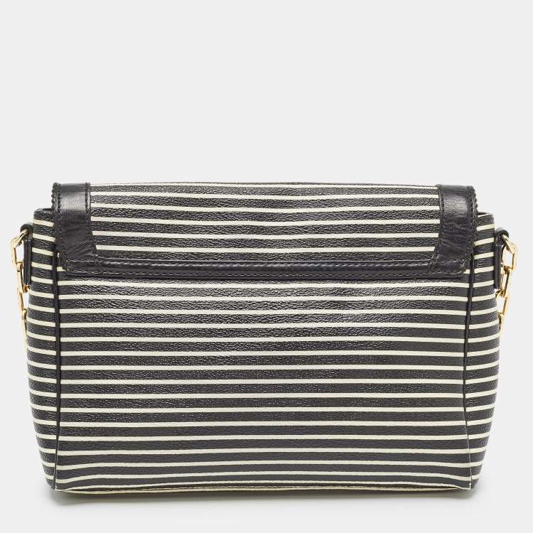 Pre Owned Tory Burch Black/White Stripe Leather Kerrington Crossbody Bag