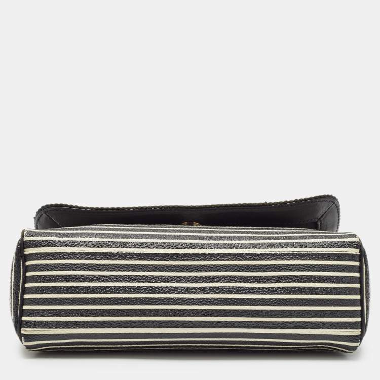 Pre Owned Tory Burch Black/White Stripe Leather Kerrington Crossbody Bag