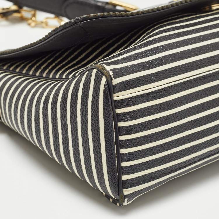 Pre Owned Tory Burch Black/White Stripe Leather Kerrington Crossbody Bag