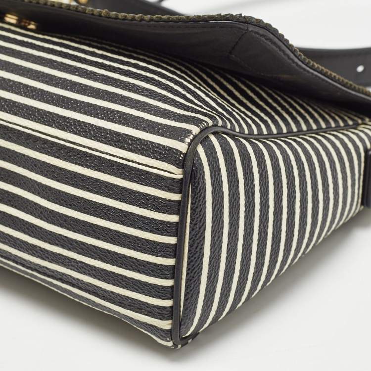 Pre Owned Tory Burch Black/White Stripe Leather Kerrington Crossbody Bag