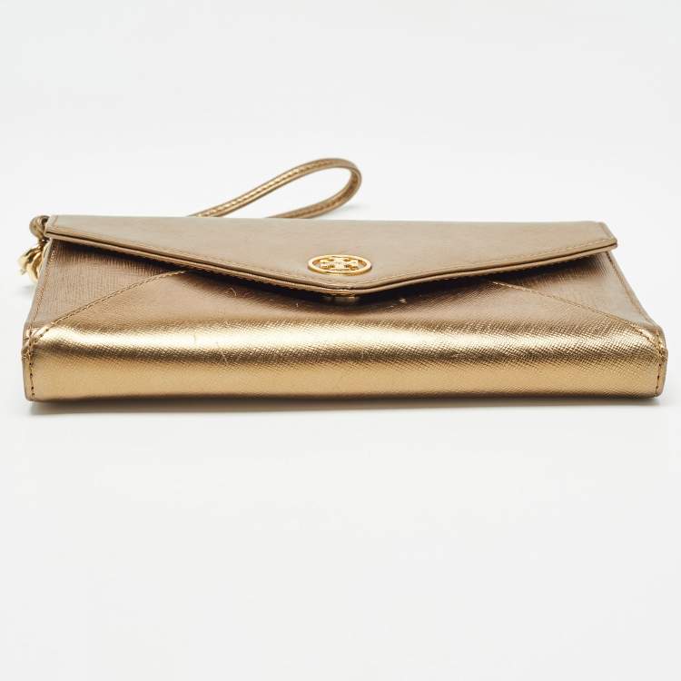 Pre Owned Tory Burch Gold Leather Robinson Envelope Wristlet Clutch