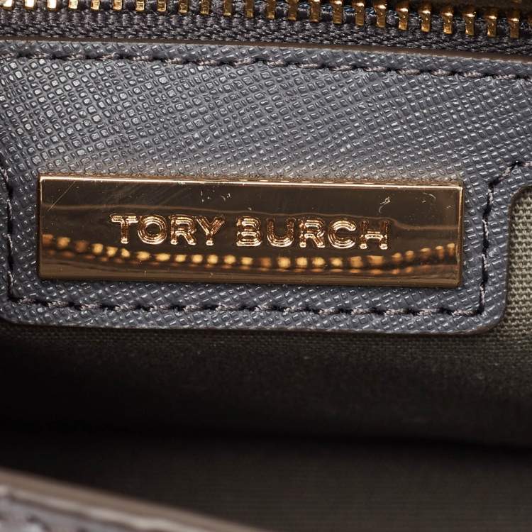 Pre Owned Tory Burch Grey Croc Embossed Leather and Suede Robinson Top Handle Bag