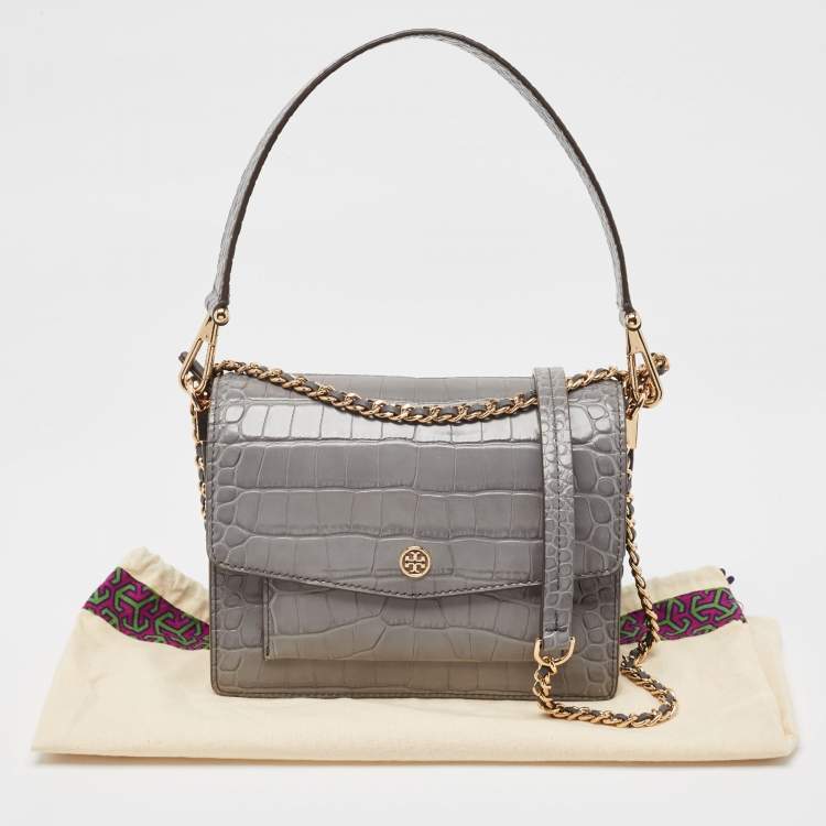 Pre Owned Tory Burch Grey Croc Embossed Leather and Suede Robinson Top Handle Bag