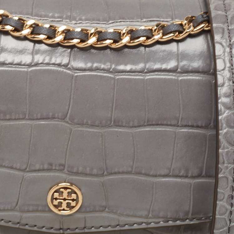 Pre Owned Tory Burch Grey Croc Embossed Leather and Suede Robinson Top Handle Bag