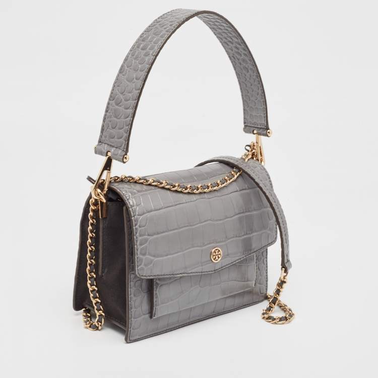 Pre Owned Tory Burch Grey Croc Embossed Leather and Suede Robinson Top Handle Bag
