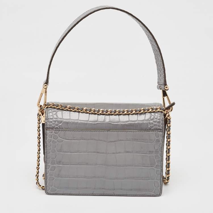 Pre Owned Tory Burch Grey Croc Embossed Leather and Suede Robinson Top Handle Bag