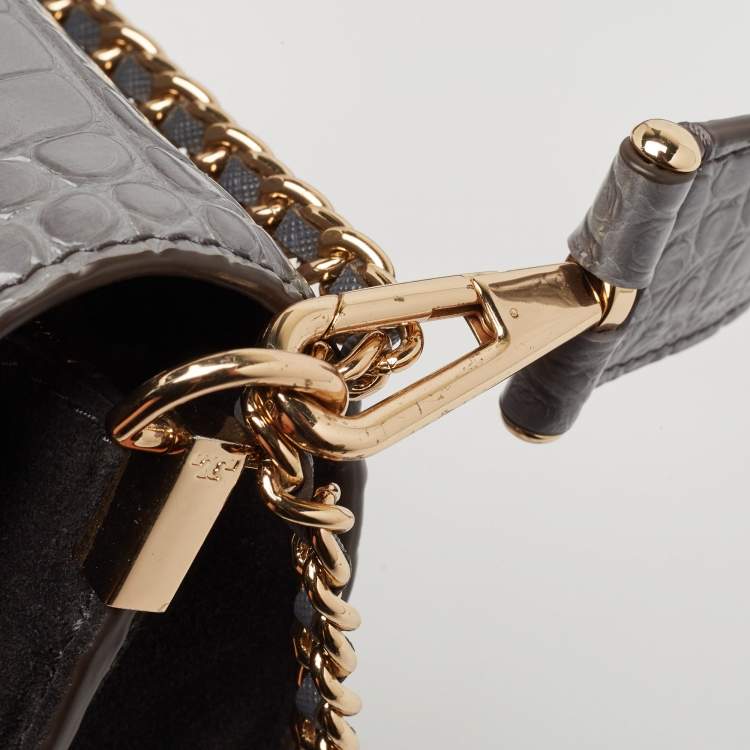 Pre Owned Tory Burch Grey Croc Embossed Leather and Suede Robinson Top Handle Bag