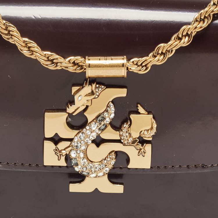 Pre Owned Tory Burch Burgundy Glossy Leather Eleanor Dragon Rectangular Shoulder Bag