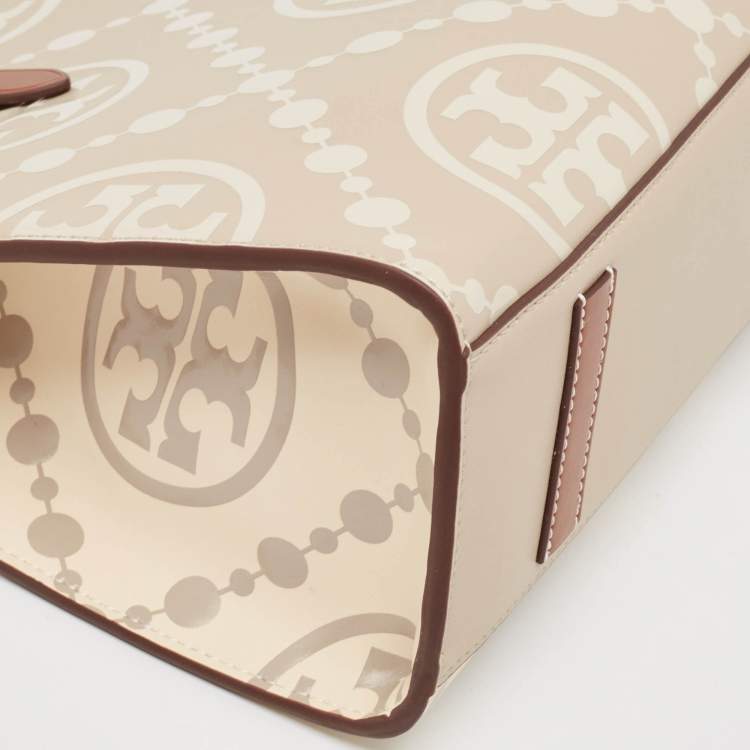 Pre Owned Tory Burch New Cream/Brown T Monogram Leather Small Contrast Tote