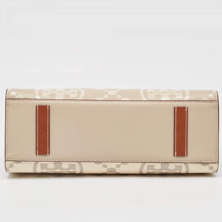 Pre Owned Tory Burch New Cream/Brown T Monogram Leather Small Contrast Tote