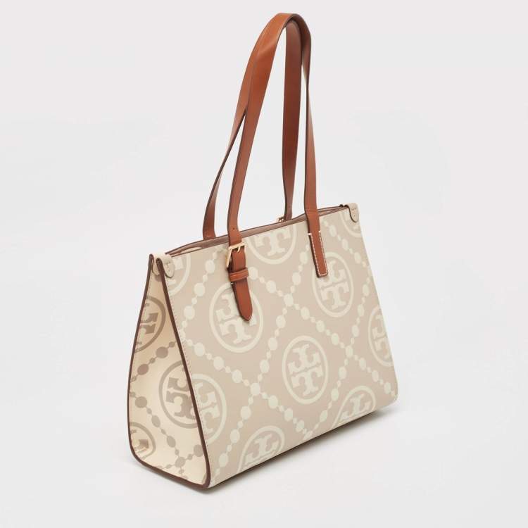 Pre Owned Tory Burch New Cream/Brown T Monogram Leather Small Contrast Tote