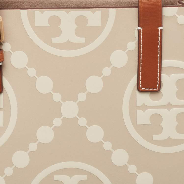 Pre Owned Tory Burch New Cream/Brown T Monogram Leather Small Contrast Tote
