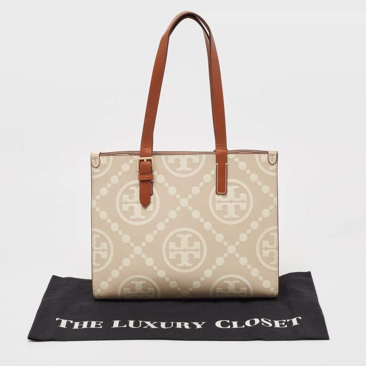 Pre Owned Tory Burch New Cream/Brown T Monogram Leather Small Contrast Tote
