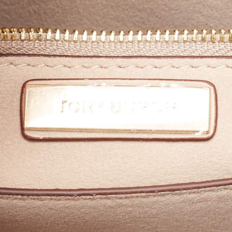 Pre Owned Tory Burch New Cream/Brown T Monogram Leather Small Contrast Tote