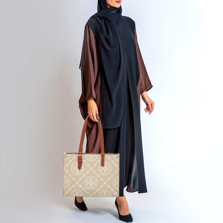 Pre Owned Tory Burch New Cream/Brown T Monogram Leather Small Contrast Tote