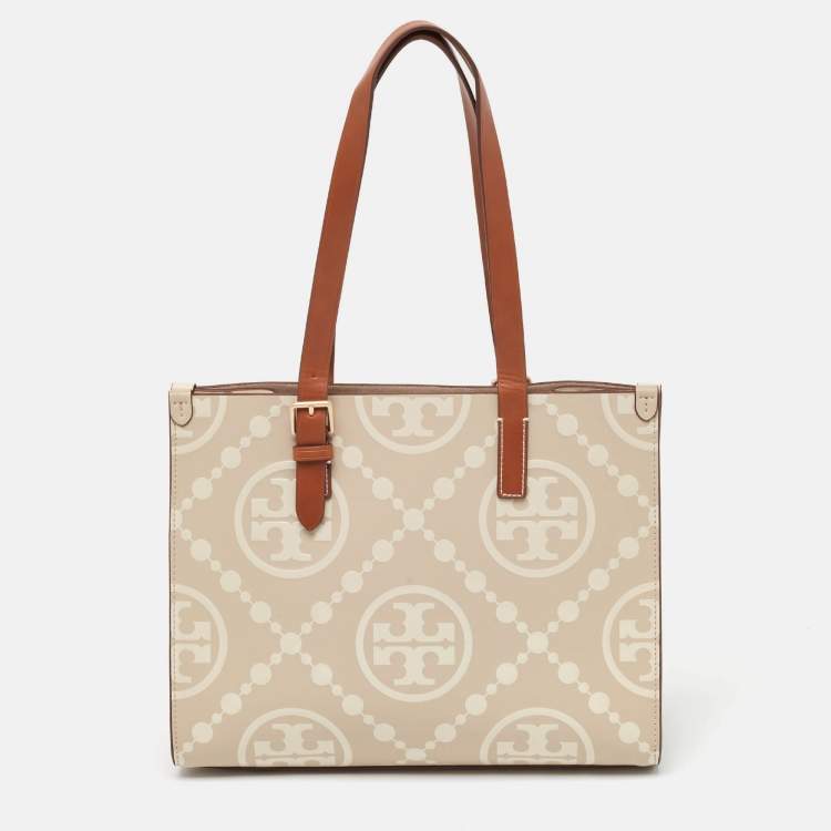Pre Owned Tory Burch New Cream/Brown T Monogram Leather Small Contrast Tote