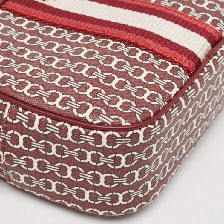 مملوكة مسبقًا Tory Burch Burgundy Gemini Link Coated Canvas Camera Crossbody Bag