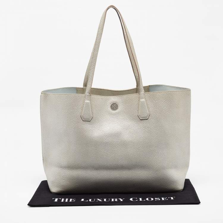 Pre Owned Tory Burch Metallic Grey Leather Perry Tote