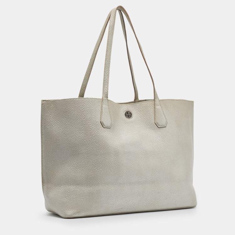 Pre Owned Tory Burch Metallic Grey Leather Perry Tote