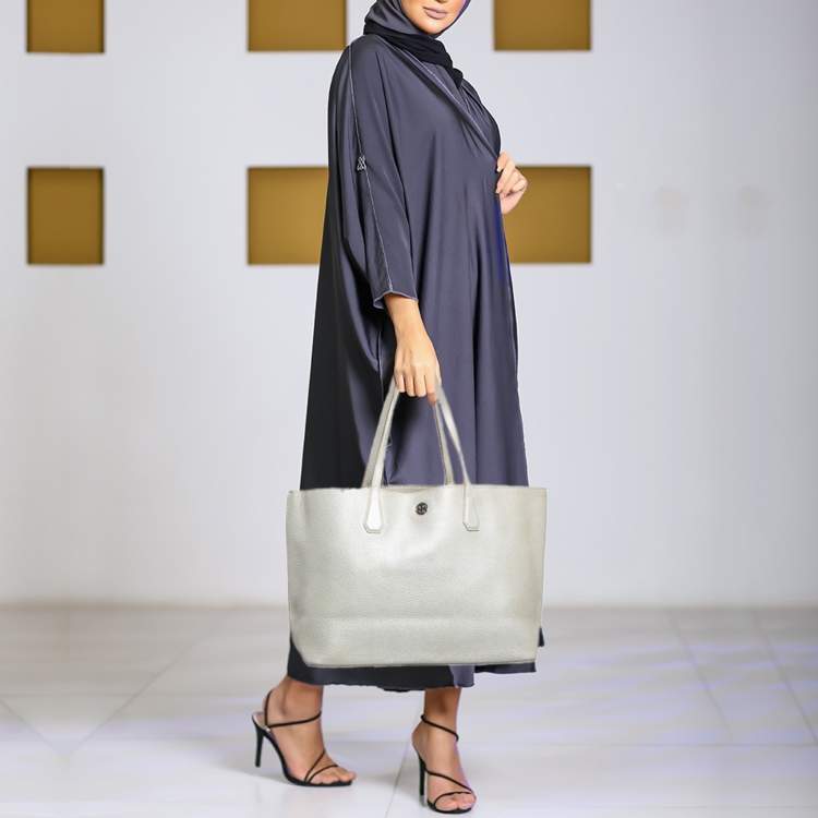 Pre Owned Tory Burch Metallic Grey Leather Perry Tote