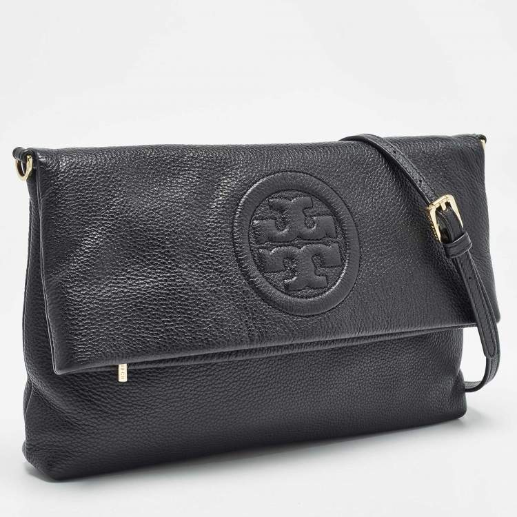 Pre Owned Tory Burch Black Leather Thea Fold Over Crossbody Bag