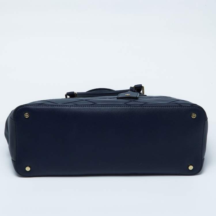 Pre Owned Tory Burch Blue Wild Stitch Leather Robinson Double Zip Tote