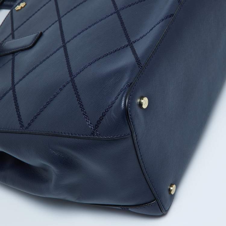 Pre Owned Tory Burch Blue Wild Stitch Leather Robinson Double Zip Tote