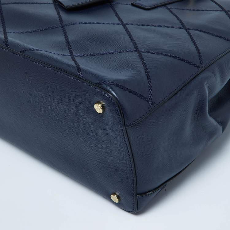 Pre Owned Tory Burch Blue Wild Stitch Leather Robinson Double Zip Tote