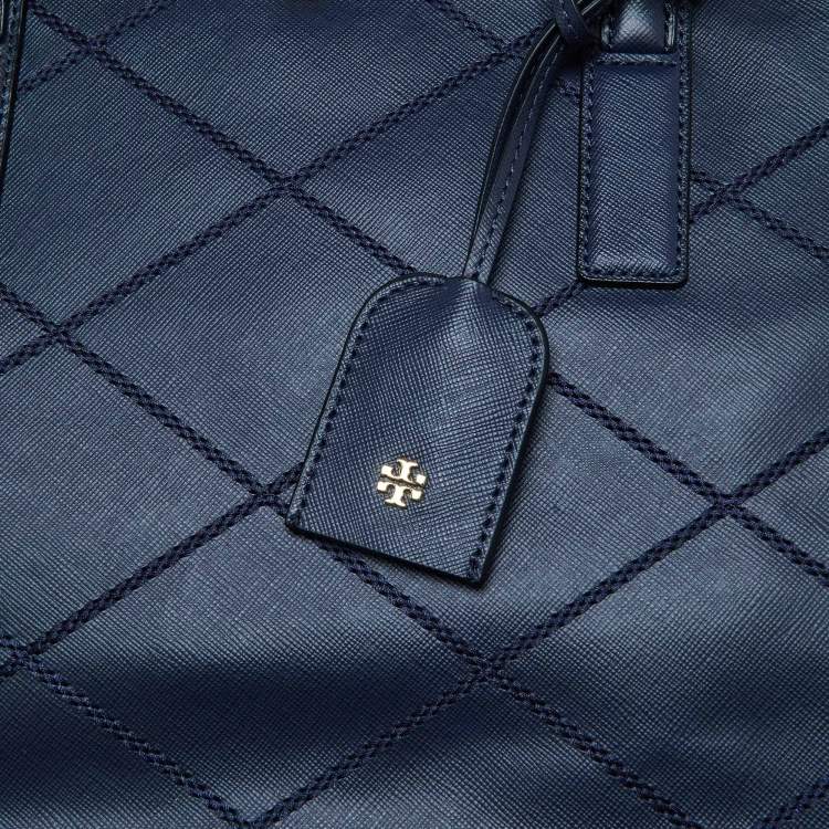 Pre Owned Tory Burch Blue Wild Stitch Leather Robinson Double Zip Tote