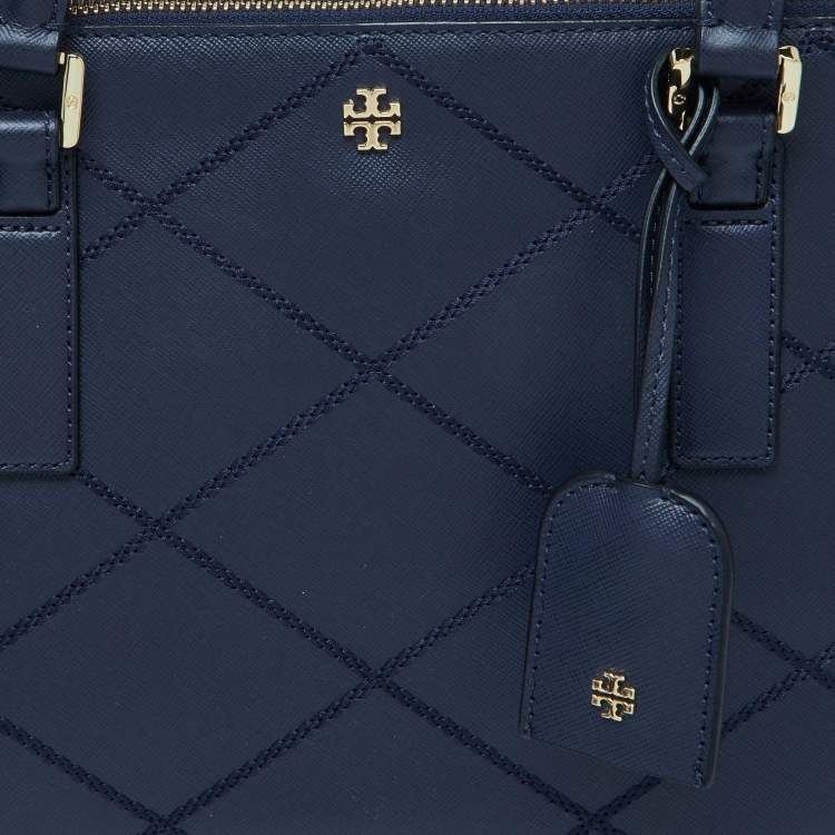 Pre Owned Tory Burch Blue Wild Stitch Leather Robinson Double Zip Tote